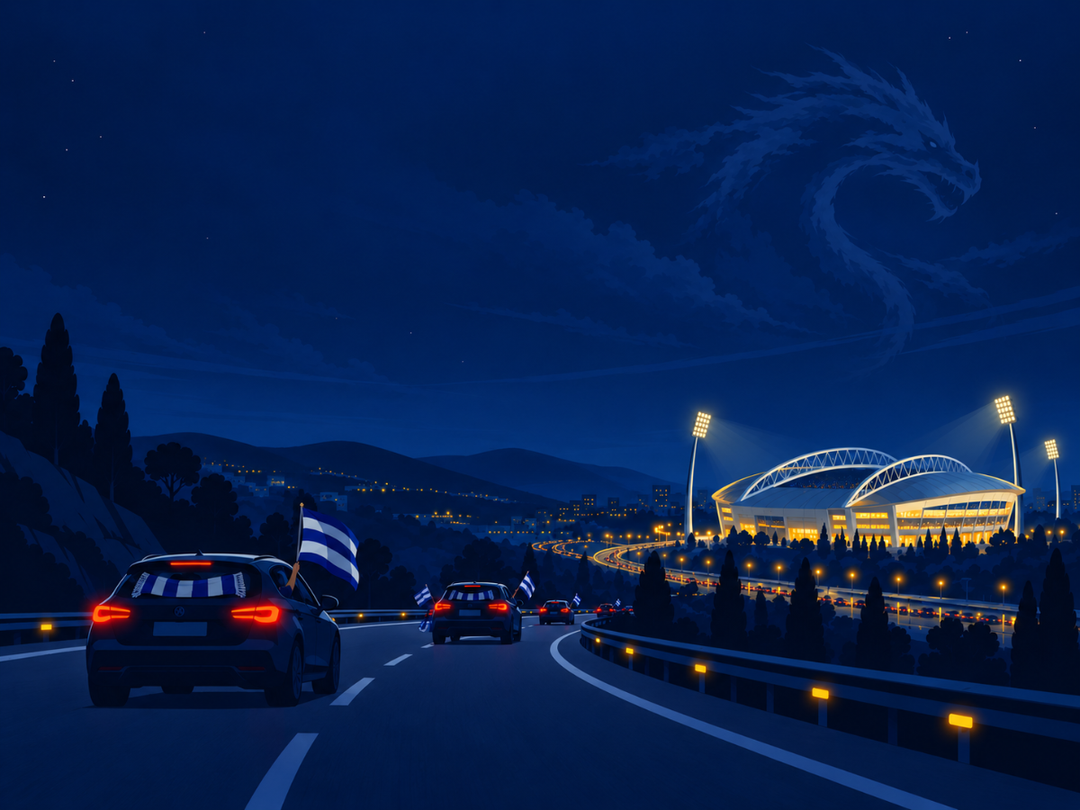 Estrada noturna em direção a um estádio de futebol iluminado.
